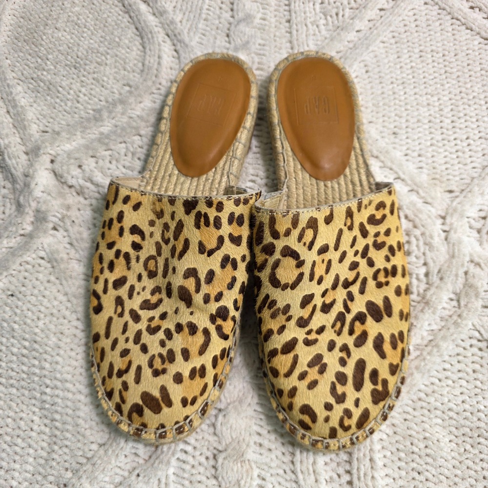 GAP‎ Espadrille Mules Flats Leopard Print Calf Hair Slides Womens 8 Excellent